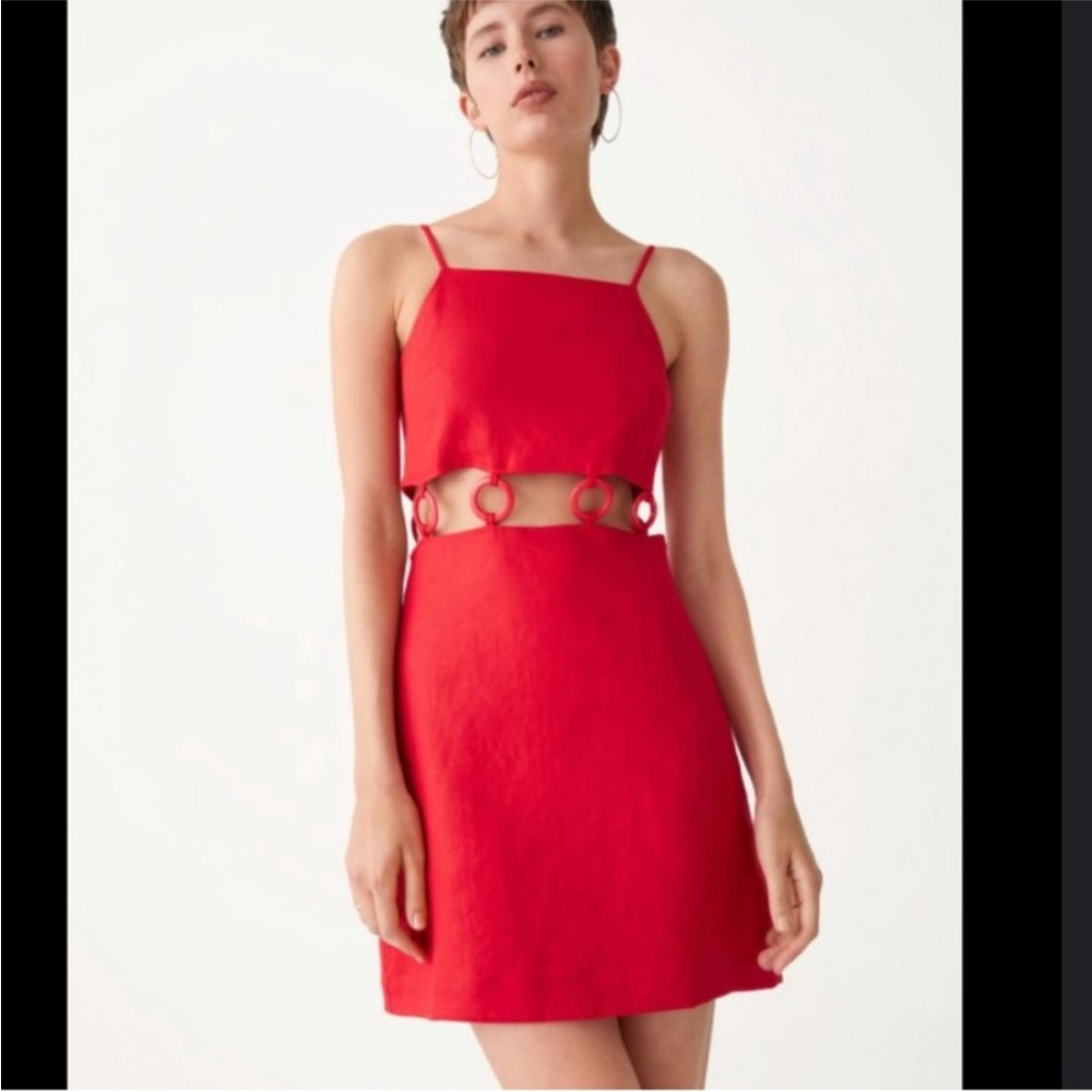 & Other Stories Red Mini Dress, Fitted O-Ring Linen Dress, NWT, Never Worn